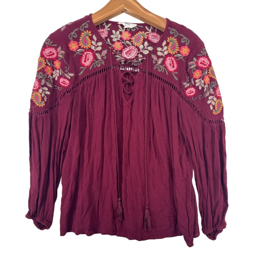 Entro Womens Top Sz L Maroon Embroidered Tunic Floral Embroidered Boho Tasseled